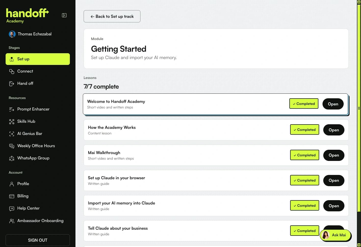 Self-Paced Curriculum: actual Handoff Academy portal screenshot in full color