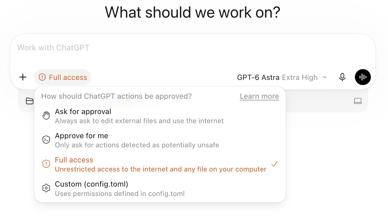 The How should ChatGPT actions be approved? menu listing Ask for approval, Approve for me, Full access and Custom.