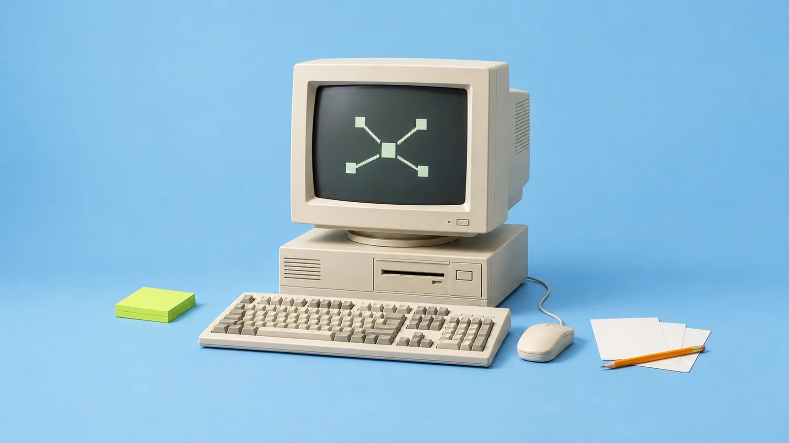 A retro off-white computer showing a pixel mind map on its screen, with lime sticky notes, index cards and an orange pencil against a blue sky backdrop.