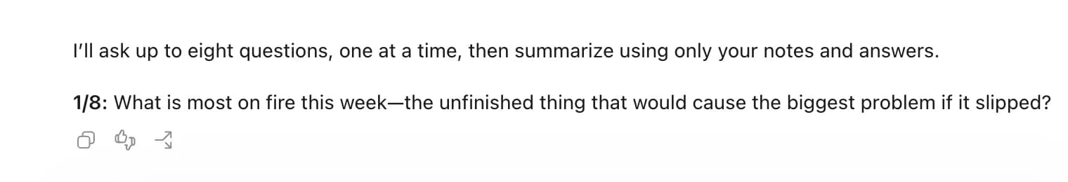 ChatGPT's first interview question in a Work chat, asking what is most on fire this week.