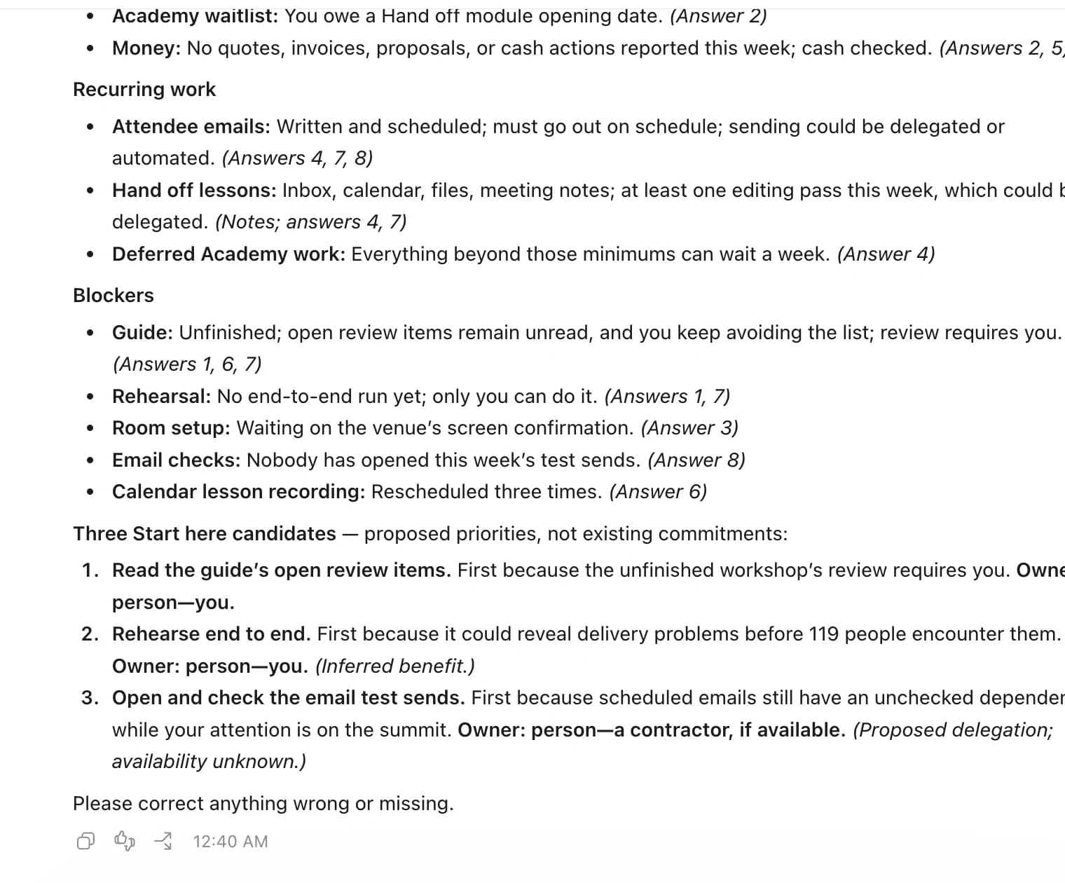 The working model at the end of an earlier rehearsal: a Blockers list, three Start here candidates with owners, and a request to correct anything wrong.