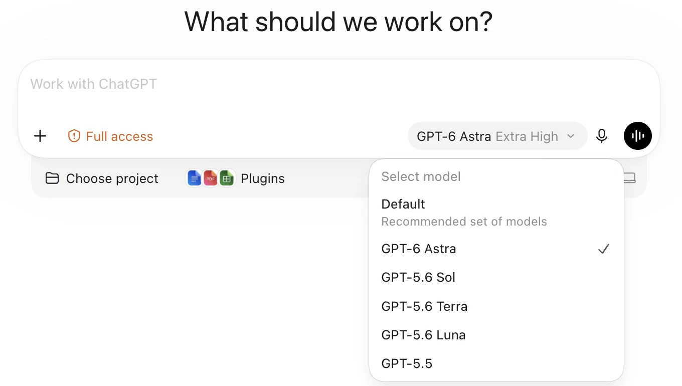 The Select model list with GPT-6 Astra checked above the GPT-5.6 and GPT-5.5 models.