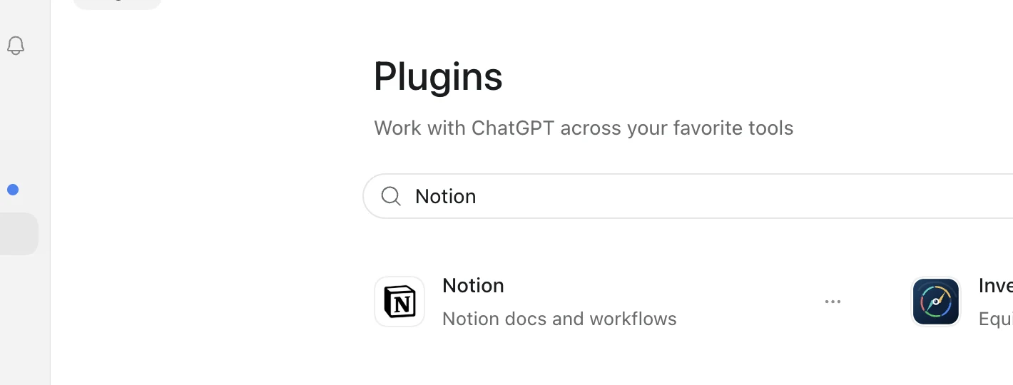 The Plugins directory in the ChatGPT desktop app searched for Notion, with the Notion plugin listed as installed.