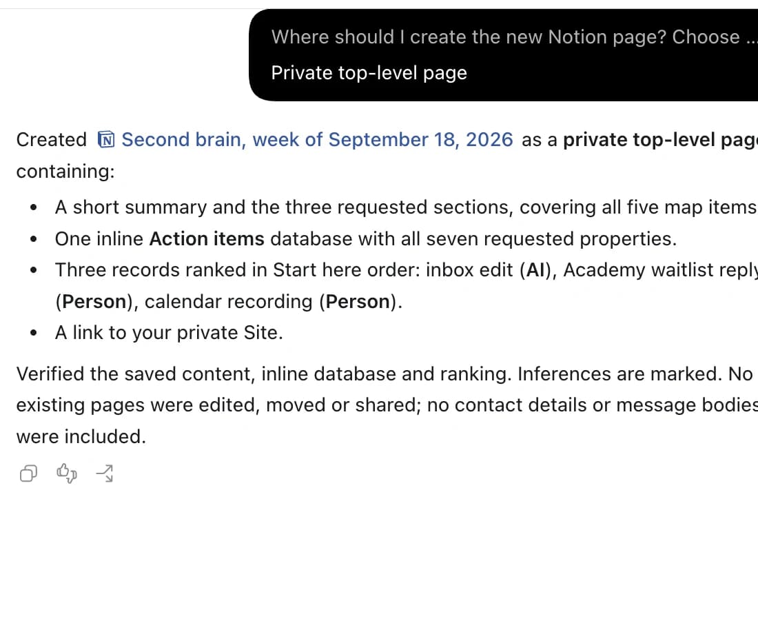 ChatGPT's reply after the Notion prompt in the earlier rehearsal, confirming a private page with sections, an action items database and a link to the Site.