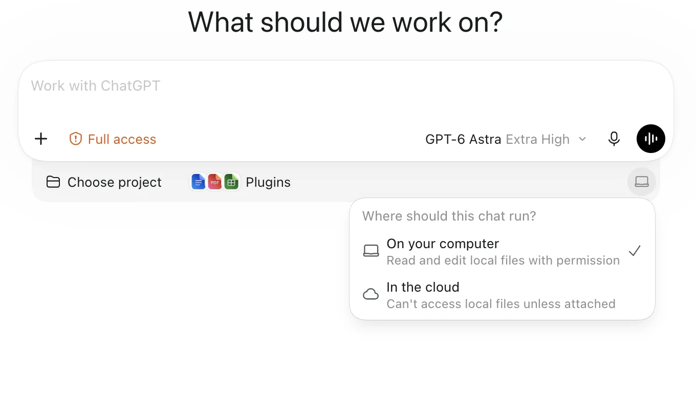 The Where should this chat run? menu with On your computer checked and In the cloud as the other option.