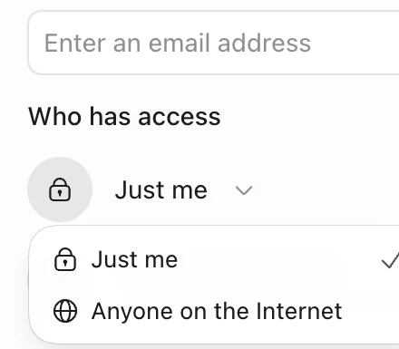 The Sites Share dialog with Who has access open, Just me checked and Anyone on the Internet as the other choice.