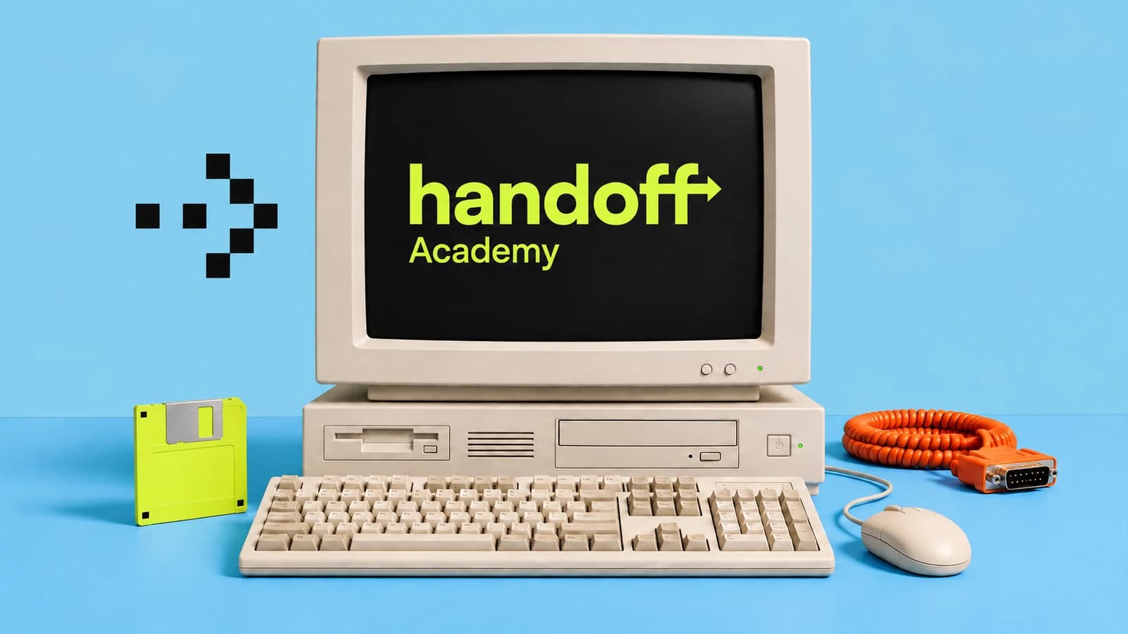 A complete 1990s desktop computer with the lime Handoff Academy logo on its screen, a lime floppy disk, and an orange cable against a sky-blue studio backdrop.