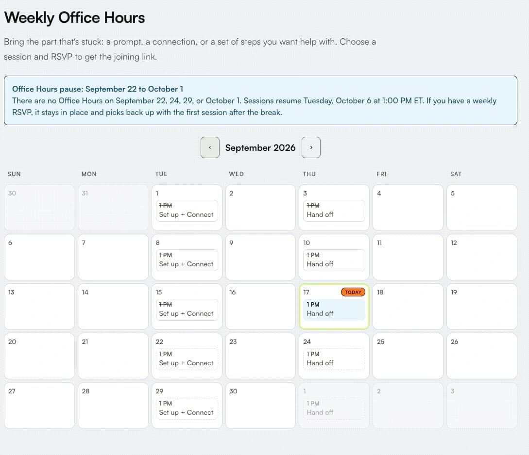 The Weekly Office Hours calendar captured in September 2026, with Set up + Connect and Hand off sessions and the September 22–October 1 pause notice.