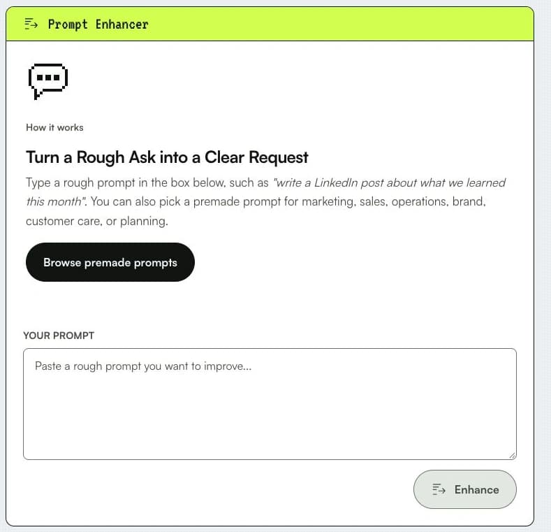 The Prompt Enhancer workspace with Browse premade prompts, an empty prompt box, and the Enhance button.
