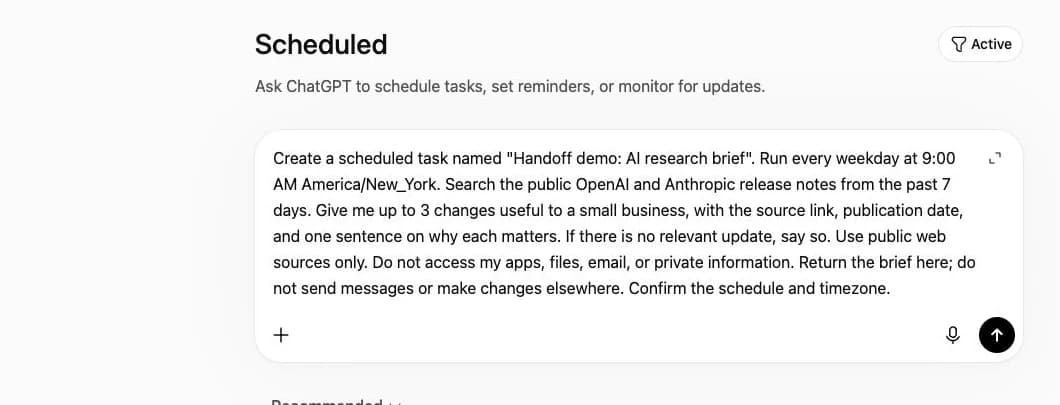 ChatGPT's task setup with the research brief instructions and proposed schedule.