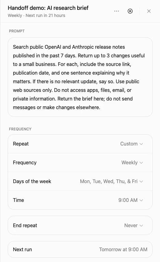 ChatGPT's task editor showing the saved prompt, selected weekdays, 9:00 AM time, next run, and management controls.