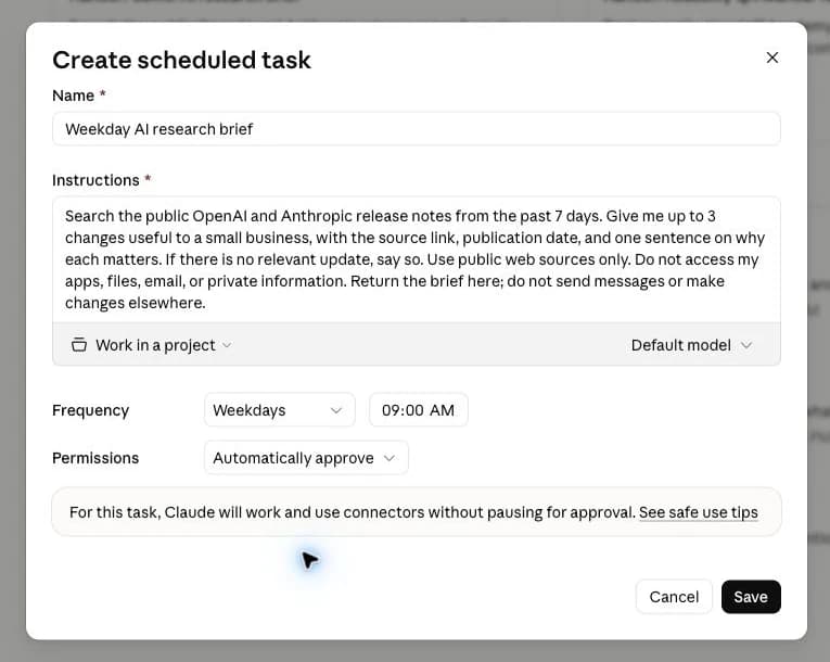 Claude's scheduled-task creation screen with the task instructions and schedule ready for review.
