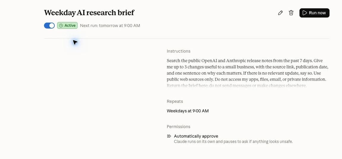 Claude's saved research brief showing its active switch, next run, instructions, Edit, and Run now controls.
