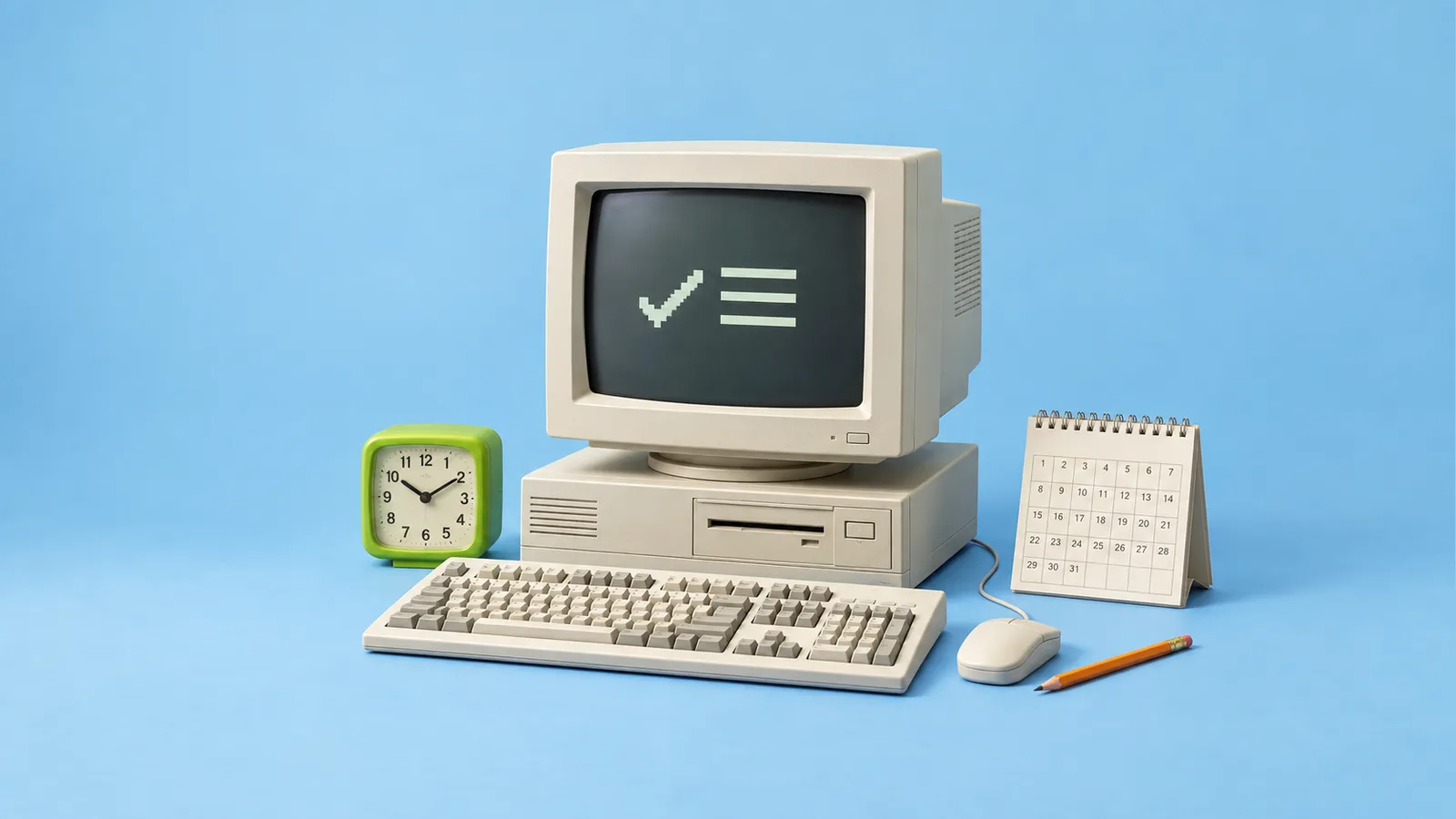 A retro computer, lime clock, calendar, and orange pencil against a blue sky with clouds.