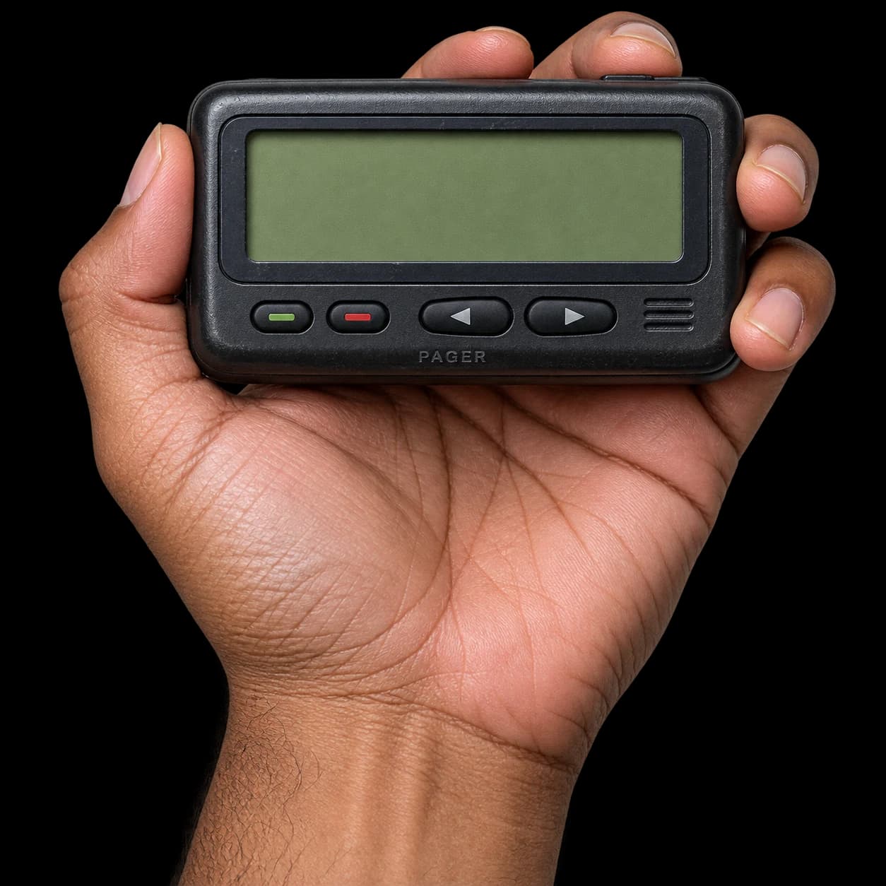 A hand holding a black 1990s pager with an olive LCD screen.